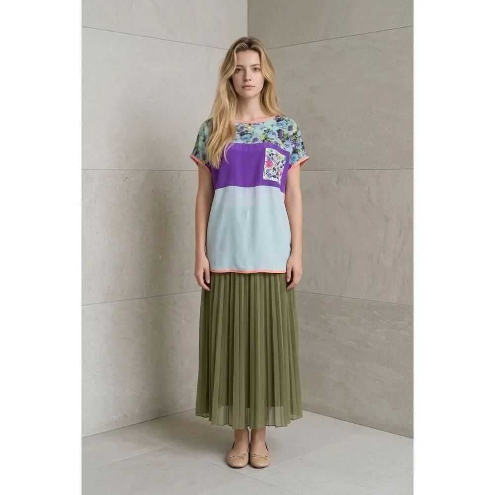 NWT MSGM Silk Colorblock Floral Top Blouse Pansy Multicolor Oversized 4-6 (075)